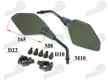 VEIDRODŽIAI MOTOROLERIUI MOTOCIKLUI 2VNT. KOMPLEKTAS M8 M10 E24 ŽYMĖJIMAS SU APKABOMIS