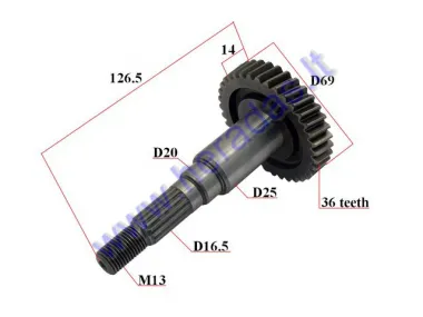 Gearbox drive shaft (transmission) for scooter L126,5 ADLY 36 tooth 23430-116-000