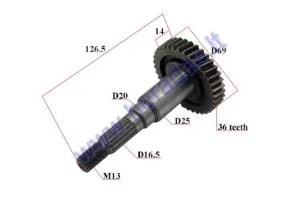 Gearbox drive shaft (transmission) for scooter L126,5 ADLY 36 tooth 23430-116-000
