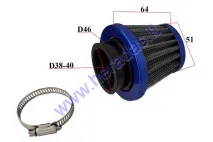 Wire mesh sports air filter for motorcycle, quad bike D38-40 straight blue