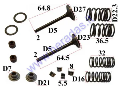 Vožtuvų komplektas išmetimo+įsiurbimo 140cc motociklo YX140 LF140 D23 D27 H64.9 H65.9 kotelis 5mm Lifan komplektas