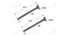 Vožtuvų komplektas išmetimo+įsiurbimo GY6 80cc cilindro galvutė 50mm su padidintais vožtuvais RUBI50 FLASH50 69,5MM d18,5 D16,5