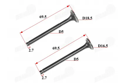 Vožtuvų komplektas išmetimo+įsiurbimo GY6 80cc cilindro galvutė 50mm su padidintais vožtuvais RUBI50 FLASH50 69,5MM d18,5 D16,5