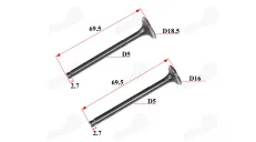 Vožtuvų komplektas išmetimo+įsiurbimo GY6 80cc cilindro galvutė 50mm su padidintais vožtuvais RUBI50 FLASH50 69,5MM d18,5 D16,5