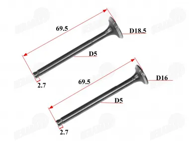 Vožtuvų komplektas išmetimo+įsiurbimo GY6 80cc cilindro galvutė 50mm su padidintais vožtuvais RUBI50 FLASH50 69,5MM d18,5 D16,5