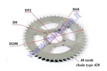Rear sprocket 48 teeth outerD200 4holeD68 for ATV quad bike 428 chain type