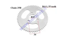 Žvaigždutė galinė 50cc motociklo Pocket Bike  Diš113 55dantys grandinė 25H D29 skylė