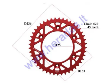 REAR SPROCKET ALUMINUM 45 TEETH  D236OUTER CHAIN 520 MOTOLAND MTL250 RED RACING